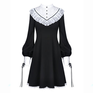 DW355 Ladies black lolita dress with white inverted triangle lac