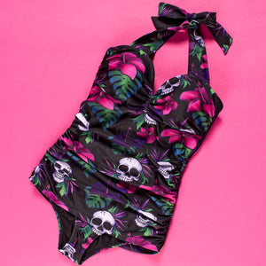 One Piece Ruched Tropical Skulls