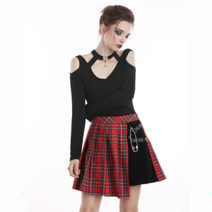 KW135RD Punk red big pin pleated plaid skirt
